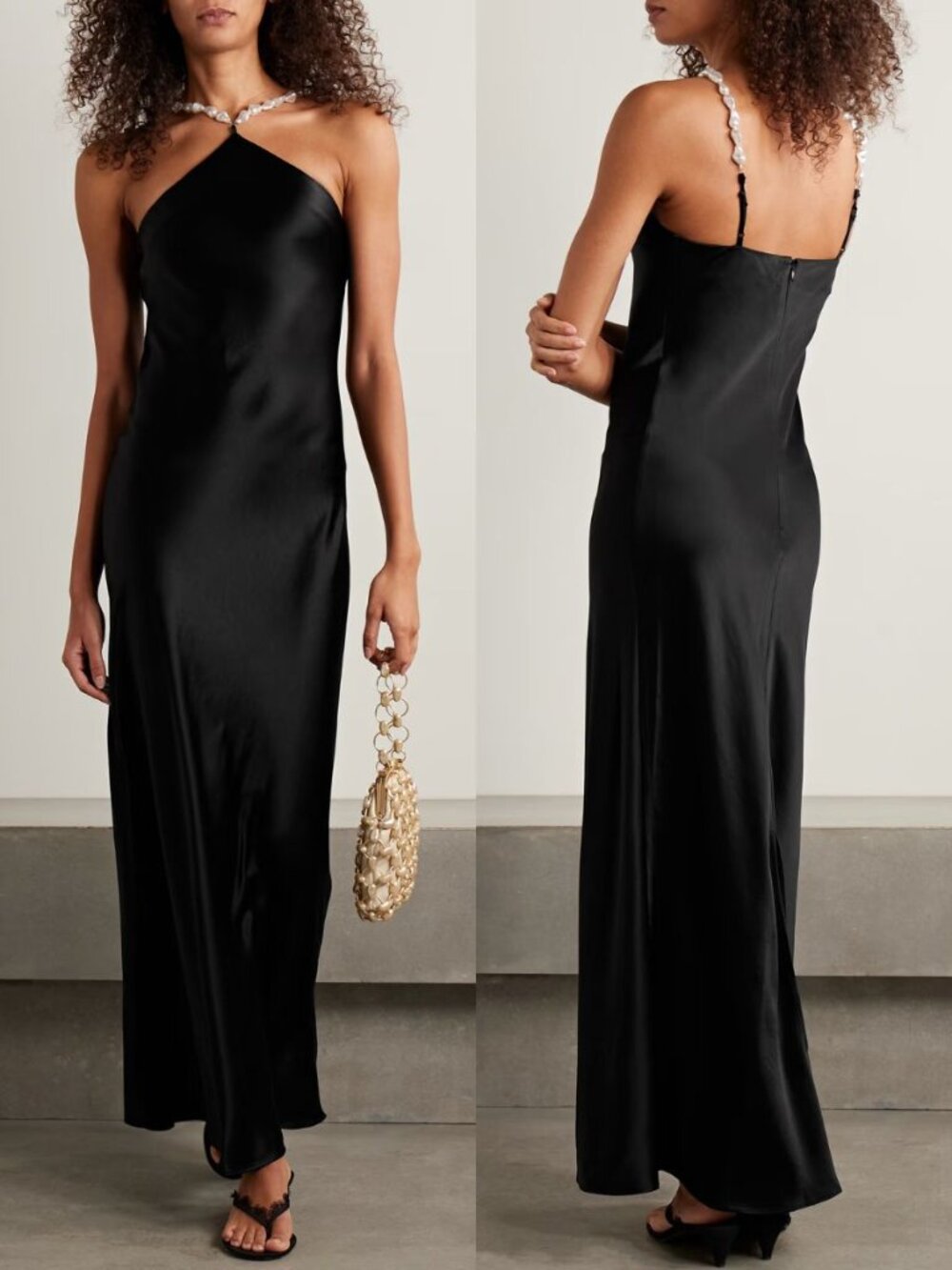 Staud Cadence Dress Black Satin Pearl Beaded Halter Maxi Gown Size 12